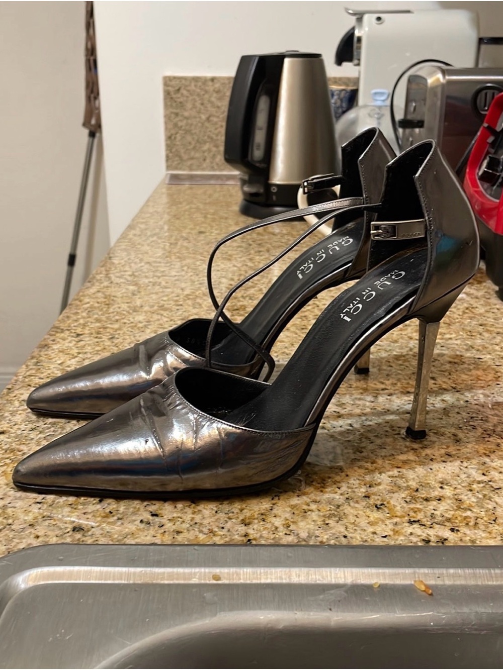 Gucci Metallic Gunmetal Pointed-Toe Slingback Heels - Picture 2 of 3